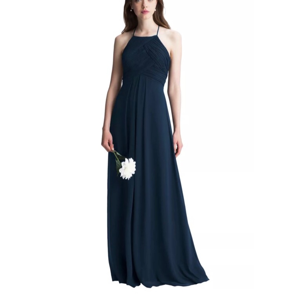 Bill Levkoff Chiffon Halter A-Line Gown Navy Prom Dress